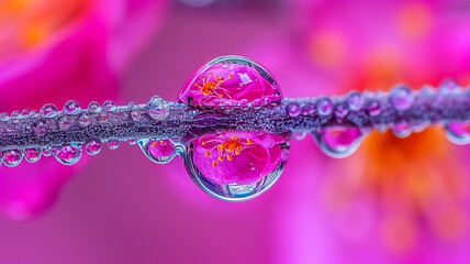 Macro photo of plants and flowers with water drops, Bokeh,  infrared, neon, multicolored. Close-up. Generative AI.