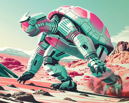 A turtle in a slowmoving space suit explores a new terrain, its pace steady and determined, observed in serene closeup