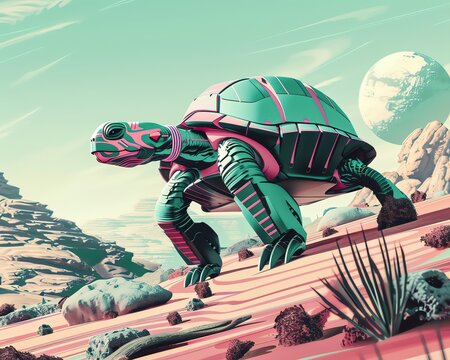 A turtle in a slowmoving space suit explores a new terrain, its pace steady and determined, observed in serene closeup