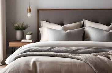 Details of bedroom interior design in relaxing style: bed with textured bed linen made of natural linen, muted neutral aesthetic colors, gray, white color