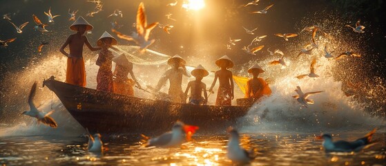 ai generation image Fishermen standing on boats. Casting a net Go into the water to catch fish,...