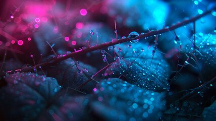 Macro photo of plants and flowers with water drops, Bokeh,  infrared, neon, multicolored. Close-up. Generative AI. - obrazy, fototapety, plakaty