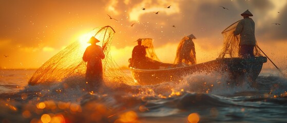 ai generation image Fishermen standing on boats. Casting a net Go into the water to catch fish, splashing water, clear water, see many fish in the water. And there are birds flying and catching fish