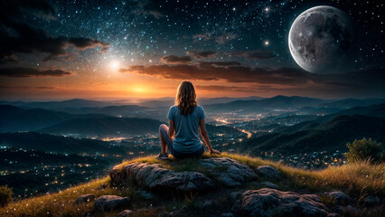 Woman admiring the night sky and moon