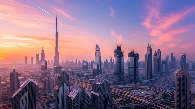 Picture a panoramic skyline at sunrise, where modern commercial buildings dominate the cityscape, their towering structures casting long shadows against the awakening city below.





