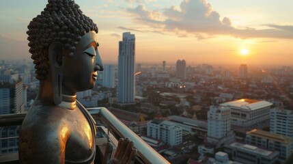 Fototapeta na wymiar A Buddha statue on a balcony overlooking the city where urban dwellers celebrate Songkran