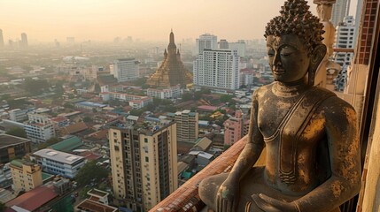 Fototapeta na wymiar A Buddha statue on a balcony overlooking the city where urban dwellers celebrate Songkran