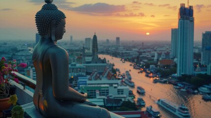 A Buddha statue on a balcony overlooking the city where urban dwellers celebrate Songkran - obrazy, fototapety, plakaty