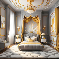 Cozy Room Design with Couch, Bed, Ceiling Light, Carpet, and More