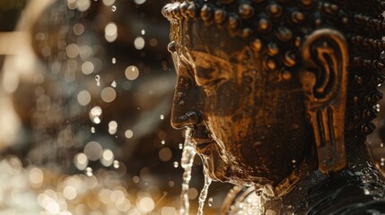 A close-up of a Buddha statue with water flowing over its intricate carvings
