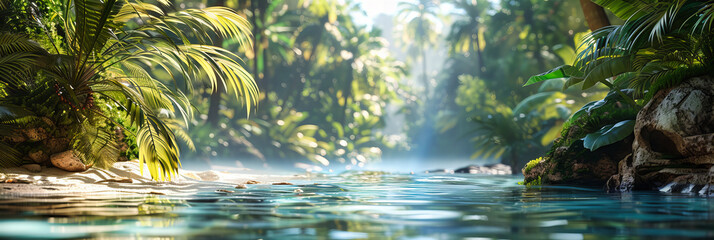Lush Tropical Forest with a Scenic Waterfall, Offering a Fresh and Serene Environment for Relaxation - obrazy, fototapety, plakaty
