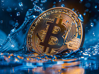 A single Bitcoin coin with a dynamic water splash around it, representing digital finance and investment.
