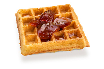 One Belgian waffle with apple jam, isolated on a white background..