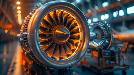 3D rendering of an airplane engine in a factory. Industrial background