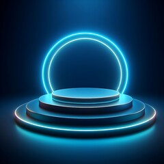 Glowing neon 3d podium in blue colors 