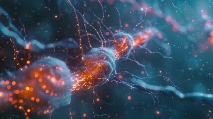 3D illustration of a neuron with detailed dendrites and glowing synapses on a dark background, symbolizing neural activity.