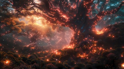 An enchanted forest filled with whimsical creatures and glowing flora, each tree seeming to pulsate with magical energy - obrazy, fototapety, plakaty