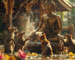 A lively Songkran scene with pets joining in gently pawing at water splashes around a Buddha statue