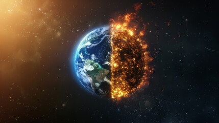 An Earth half engulfed in flames in space, portraying catastrophic environmental changes or apocalypse.