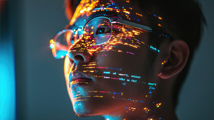 .a young male programmer is looking at a monitor, with a projection of a neural network and program code on his face