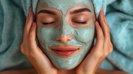 Close-up of a relaxed woman with a clay mask on her face, enjoying a skincare treatment for a healthy complexion. - obrazy, fototapety, plakaty
