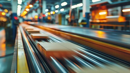 Fototapeta na wymiar High-speed packaging conveyor belts in motion at a logistics distribution center.