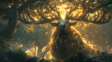 An enchanted forest guardian, towering over a verdant woodland, its massive antlers adorned with glowing runes, protecting the ancient trees from harm - obrazy, fototapety, plakaty