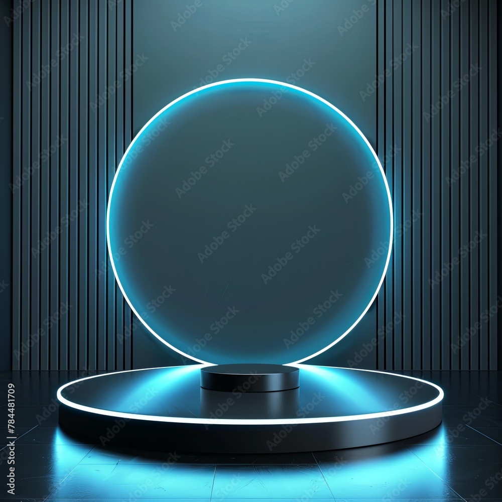 Poster a futuristic stage bathed in neon blue light, creating an abstract and modern ambiance. this empty