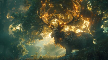 An enchanted forest guardian, towering over a verdant woodland, its massive antlers adorned with...
