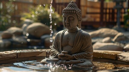 A rustic stone Buddha statue in a tranquil courtyard setting with gentle water being poured by an unseen hand