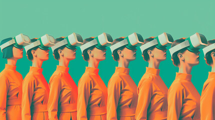 Row of Women in Orange Outfits Wearing VR Headsets Against Teal Background