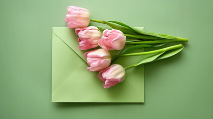 pink tulips on a green background on the envelope