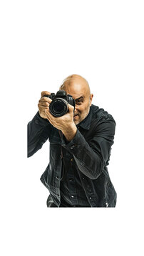 Bald photographer takes photo with digital camera