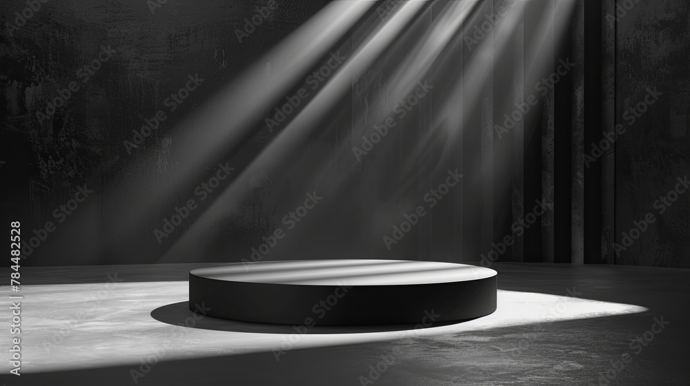 Poster empty stage design with a spotlight illuminating a blank pedestal. this studio scene offers a bright