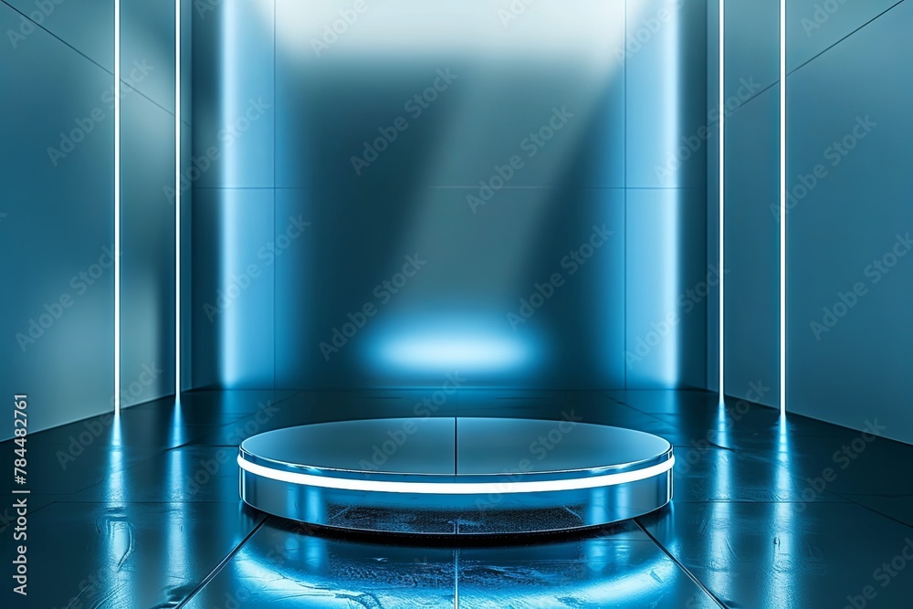 Poster in a futuristic space, an empty room emerges as a beacon of modernity and innovation. bathed in