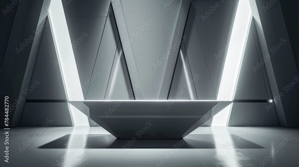 Poster in a sleek architectural interior, an empty podium stands amidst modern design and abstract light.