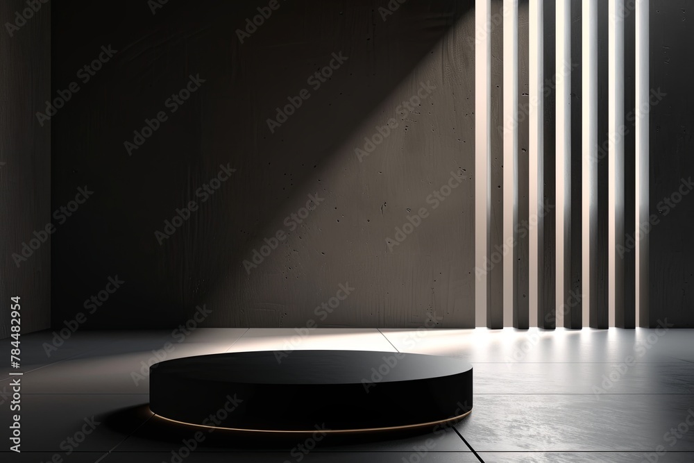 Aufkleber Modern exhibition space with an empty stage. Abstract design featuring geometric shapes in black and