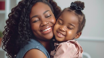 African American mother hugging child - obrazy, fototapety, plakaty