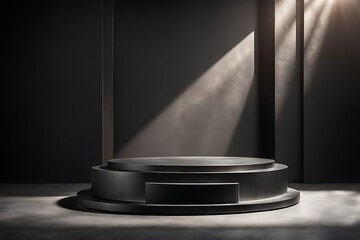 Black steel podium with sun shadow for product display in iron shape background 
