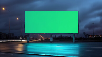 large horizontal green screen billboard at night on the street, put your brand design