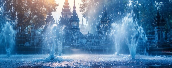 Captivating image of blue water splashes during Songkran - obrazy, fototapety, plakaty