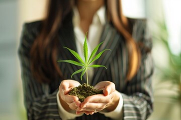 A woman holding a small potted plant in her hands, showcasing her care and nurturing gesture towards the plant