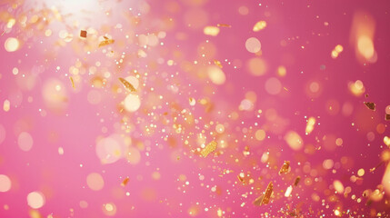 Golden confetti with sparkles are levitating on the pink background. - obrazy, fototapety, plakaty
