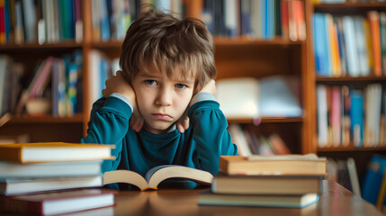 Tired frustrated boy sitting at table with many books at home. Angry grumpy kid doing homework. Learning difficulties, education, neurodiversity concept