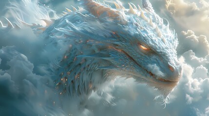 A close-up of a dragon's head emerging from a bank of clouds, its piercing eyes fixed on the horizon - obrazy, fototapety, plakaty