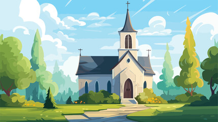 Quaint village church with bell tower and stained g - obrazy, fototapety, plakaty