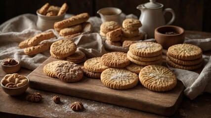 Variety of freshly baked cookies elegantly displayed on wooden cutting board, surrounded by rustic elements that evoke warm, homely atmosphere. Cookies, with their intricate patterns.