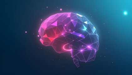 A futuristic low-poly brain graphic, blending with advanced elements, symbolizing medical neurology or brain analysis - obrazy, fototapety, plakaty