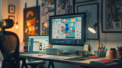 A detailed shot of a designer's workstation, with a computer monitor displaying creative projects, drawing tablets, and colorful sketches pinned on the wall for inspiration
