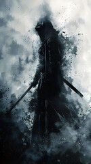 Fototapeta premium Shadowy Ronin's Cinematic Watercolor Portrayal of an Isolated Quest into Profound Darkness
